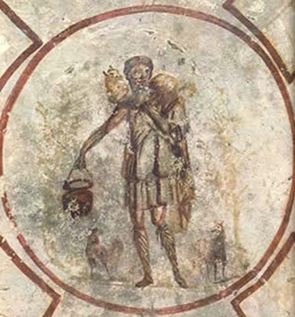 300Aceasta fresca de Păstorul cel Bun a fost găsit pe tavanul de bolta Lucina, în Catacomba Calixt la Roma